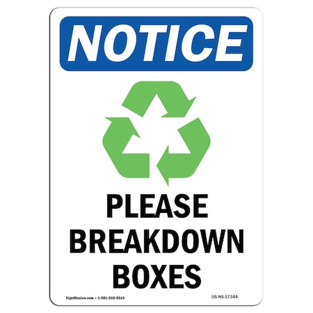 Signmission OSHA Notice, 7" Height, Please Breakdown Boxes Sign With Symbol, 7" X 5", Portrait OS-NS-D-57-V-17344